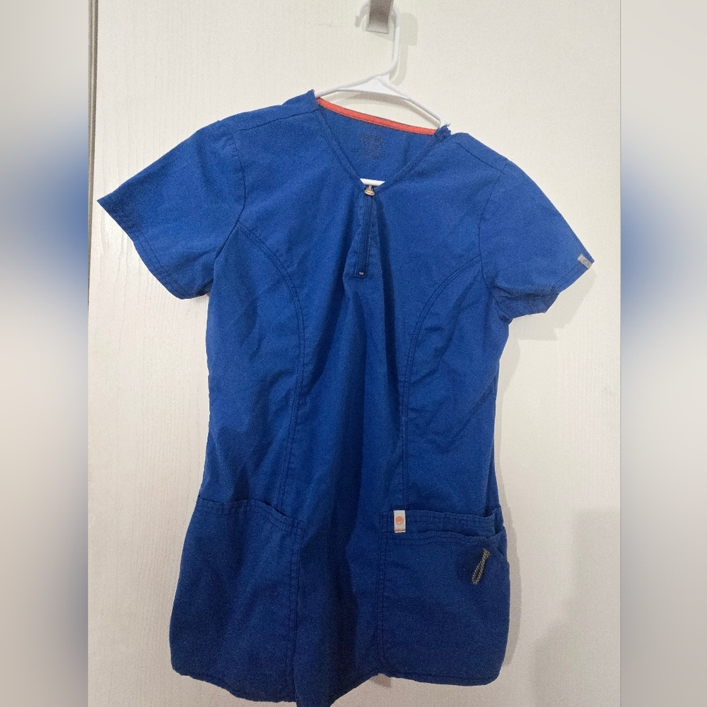 Small Code Happy Blue Short Sleeve Scrub Top